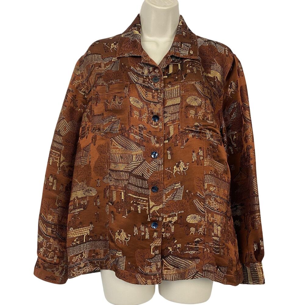 Chicos Silk Blend Button Top Size 2 Large Brown Metallic Asian Print Shacket VTG